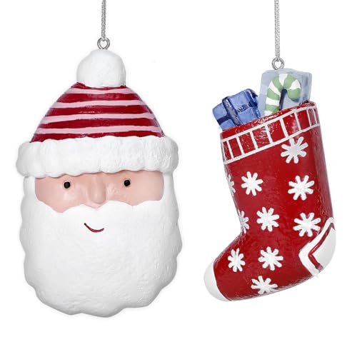 Santa Head and Stocking Ornament Set for Christmas Tree 2026 Hanging Decorations Figurine Home Décor 2PCS - color: Santa & Stocking