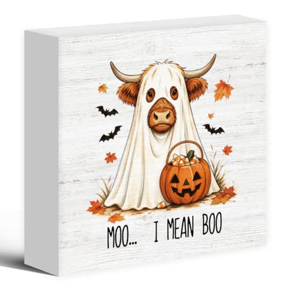 Fall Halloween Highland Cow Pumpkin Wood Box Sign Desk Decor 5X5 - color: Ghost Cow