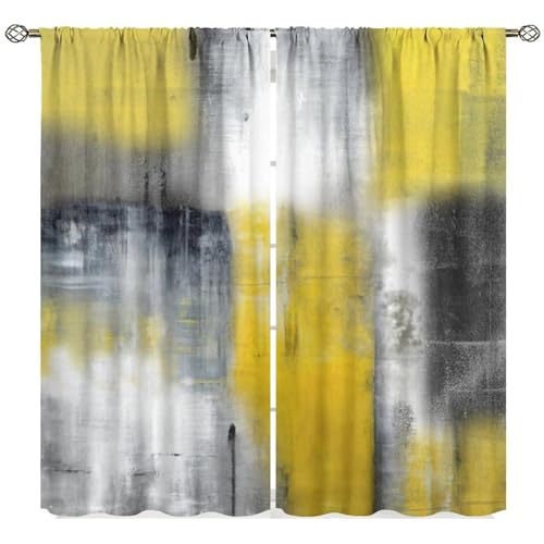 Yellow Grey Curtains, Vintage Abstract Art Painting Window Treatments for Kitchen Bedroom Living Room 2 Panel Sets,42x45 Inch Decor - color: Geometric-15, size: 21"W x 44.5"L (Pack of 2)
