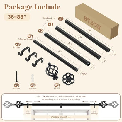 1" Farmhouse Heavy Duty Curtain Rods for Windows,Adjust 36-88",Black - color: Matte Black, size: 36-88 Inch & 1 Pack