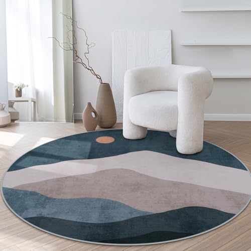 5ft Round Classroom Area Rug, Blue Abstract Mountain Sun Circle Rugs - color: Blue, size: 5' (Round)