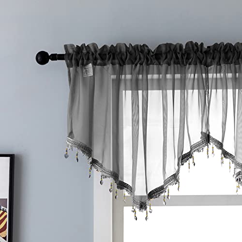Beaded Sheer Valance Curtains for Living Room,Rod Pocket Farmhouse Window Valance, Bead Trim Tassel Voile Sheer Curtain Valance for Bedroom Bathroom Cafe 51x24 Inches (Black) 1PC - color: Black