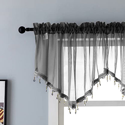 Beaded Sheer Valance Curtains for Living Room,Rod Pocket Farmhouse Window Valance, Bead Trim Tassel Voile Sheer Curtain Valance for Bedroom Bathroom Cafe 51x24 Inches (Black) 1PC - color: Black