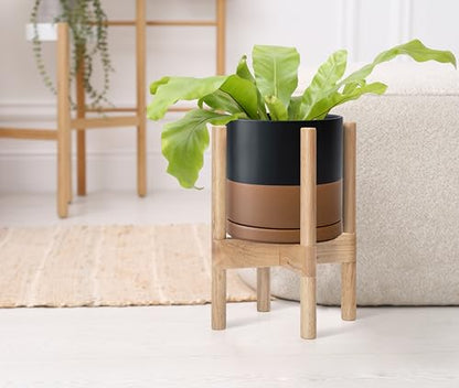 D'vine Dev Ceramic Pot with Natural Wood Stand, Black/Tan, 8 in, 55-B-N-7 - color: Black/Speckled Tan Pot + Natural Stand, size: 8 Inch
