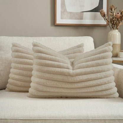 FUTEI Pack of 2 Faux Fur Throw Pillow Covers 12x20 Inch, Beige - color: Beige, size: 20" x 12" (Pack of 2)