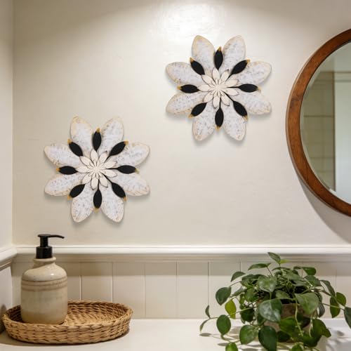 Newinhome 2 Pieces Flower Wall Decor Metal Art - color: 2 Pcs gray-white flower