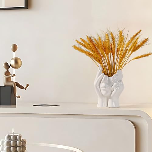 BrownLove Ceramic Face Vase White Flower for Decor Female Form Art Vase Modern Decorative Centerpiece for Table Shelf Living Room Office Bedroom - style: Hands on Cheeks
