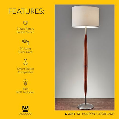 Adesso Floor Lamp, Maple Wood & Satin Steel, Adjustable Brightness, 61”