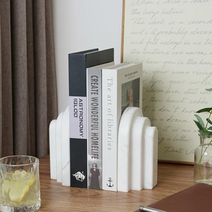 Natural Marble Book Ends - Heavy Duty Bookends for Shelves - Aesthetic Layered Arch Design Stone Book Holders, Decorative Modern Office Bookshelf Stopper Decor for Books/CDs, White - style: Arched-White