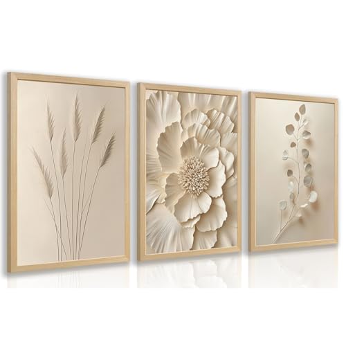 Hianan Wood Framed Neutral Beige Botanical Wall Art Set of 3, 12x16 in - color: Beige(Wood), size: 16"L x 12"W
