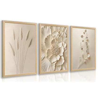 Hianan Wood Framed Neutral Beige Botanical Wall Art Set of 3, 12x16 in - color: Beige(Wood), size: 16"L x 12"W