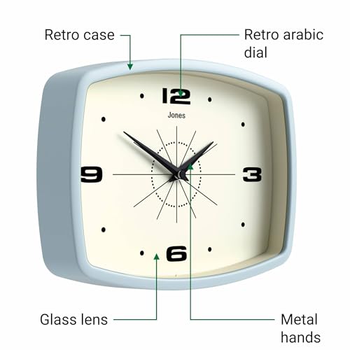 JONES CLOCKS® Movie wall Clock | Rectangular Retro Clock | 10" | Pale Blue - color: Clear Blue