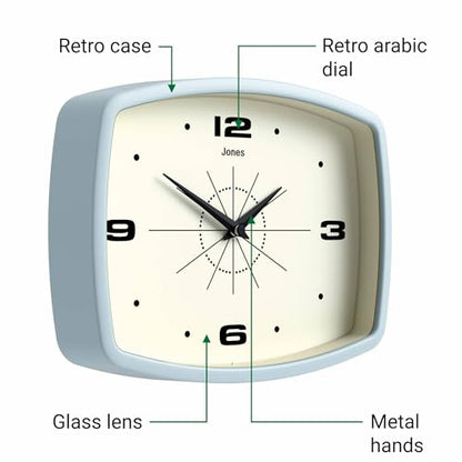 JONES CLOCKS® Movie wall Clock | Rectangular Retro Clock | 10" | Pale Blue - color: Clear Blue