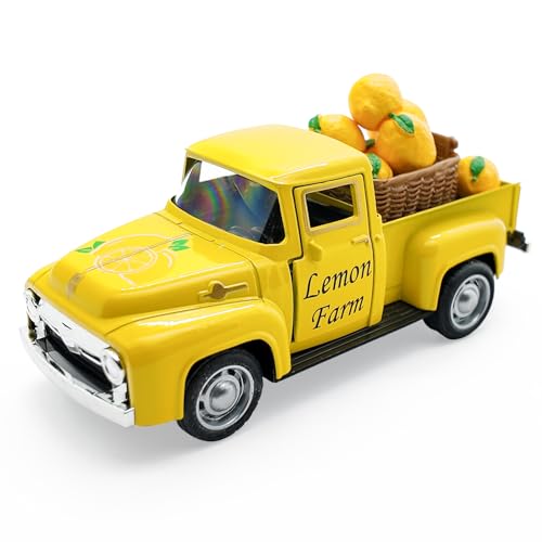 Lemon Truck Decor, Farmhouse Yellow Pickup Truck with Lemons, Tiered Tray Tabletop Decoration, Summer Lemon Kitchen Shelf Decor, Rustic Vintage Home Accent - color: Yellow