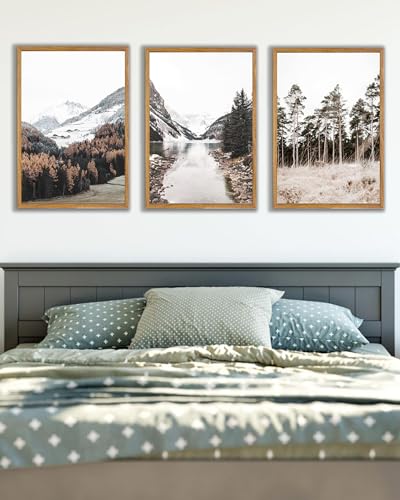 UPWOIGH Alpine Lake Framed Wall Art Set of 3, 16 x 24 Inch - color: Grey Mountain, size: 24"L x 16"W