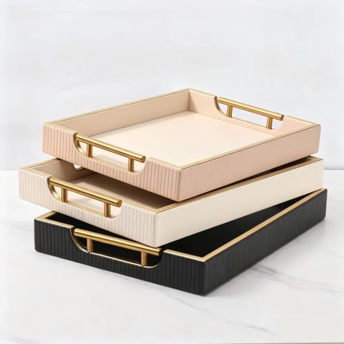 16''x12'' Leather Coffee Table Serving Tray with Gold Handle(Large White) - color: White