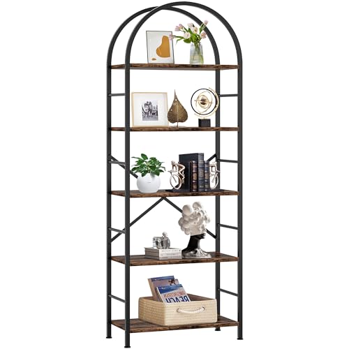 Shintenchi Bookshelf, Arched Bookshelf 5 Tier Bookcase, Tall Shelf for CDs/Books, Home Office Shelf Storage Organizer, Modern Book Shelf for Bedroom/Living Room, Brown - color: Brown, size: 5 Tier