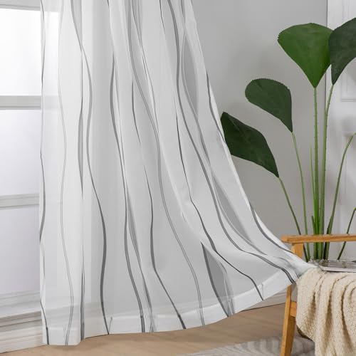 L.Z.E White and Grey Sheer Curtains 63 Inch Length for Living Room 2 Panels Set, Short Voile Sheer Curtains & Drapes for Bedroom Dining Room Kids Room Rod Pocket Wave Pattern Window Sheers (55W x 63L) - color: (Rod Pocket) White Grey, size: 55"W x 63"L (P