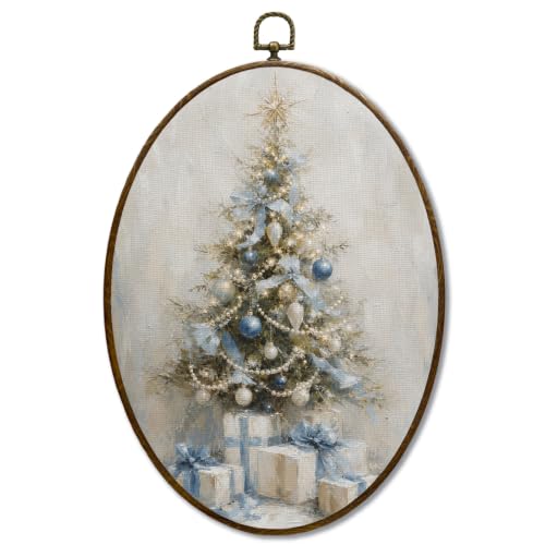 JQF Vintage Blue Bow Christmas Tree Oval Wall Decor Framed 8.5x11.5 Inch - color: christmas tree-9