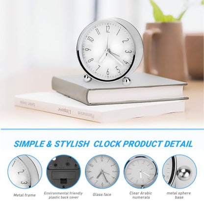 Welltop Analog Alarm Clock, 4 inch Super Silent Non Ticking Small Round Clock with Arabic Numerals Beep Sounds, Battery Operated, Lighted on Demand and Snooze, for Bedrooms Bedside Desk, Easy Set