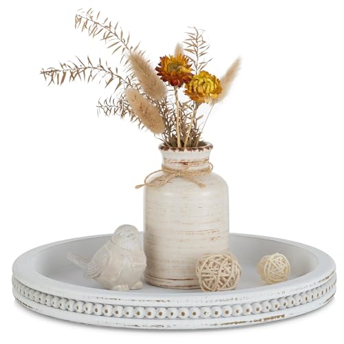 Hanobe Round White Candle Tray Holder for Coffee Table, Beaded Edge