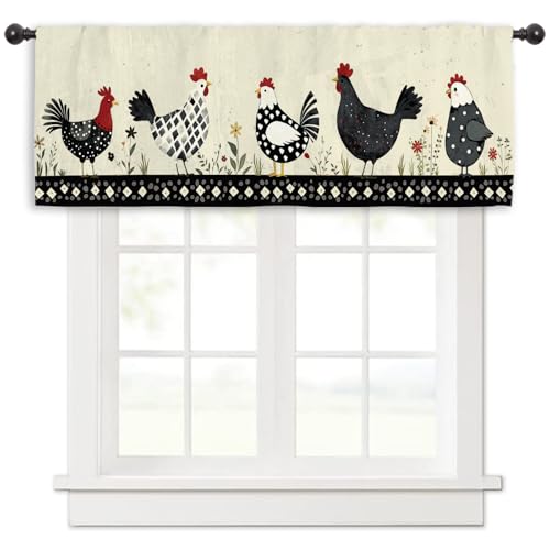 Miyotaa Rooster Chiken Kitchen Curtain Valance 54W x 18H Rod Pocket Farmhouse Rustic Rural Farm Country Window Treatment for Living Room Bedroom Bathroom - color: Cute Farm Rooster, size: 54"W x 18"L (Pack of 1)