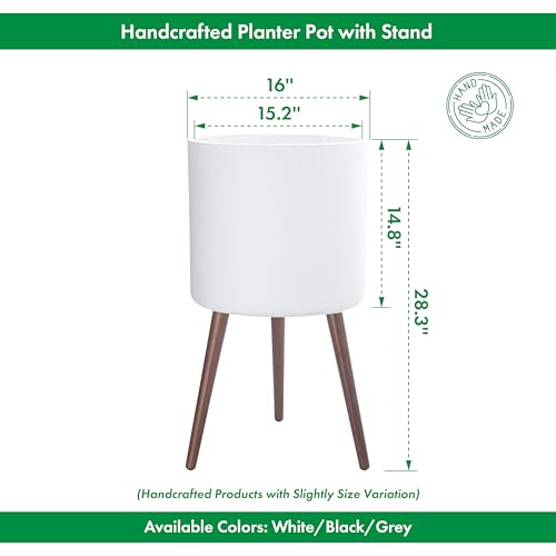 D'vine Dev 16 Inch Planter Pot with Wood Stand, White, 88-O-E-1 - color: Matte White, size: XX-Large