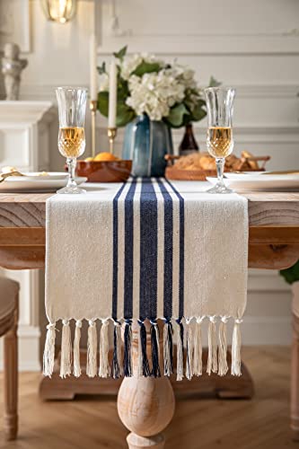 Boho Table Runner for Modern Farmhouse Decor, Dining Table décor 13 x 90 Inch Long with Handcrafted Tassels, Navy Blue and Beige Stripe Table Runner for Home Boho décor - color: Navy Blue Beige, size: 13x90Inch