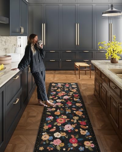 Washable Kitchen Rug Hallway Runner: 2x10 Runner Rug Non Slip Carpet Runner - color: Black Floral, size: 2' x 10' (Rectangular)