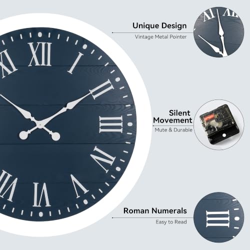 Large Wall Clock with Roman Numeral, 24” Shiplap Farmhouse Clock - color: Blue, size: 24 Inch