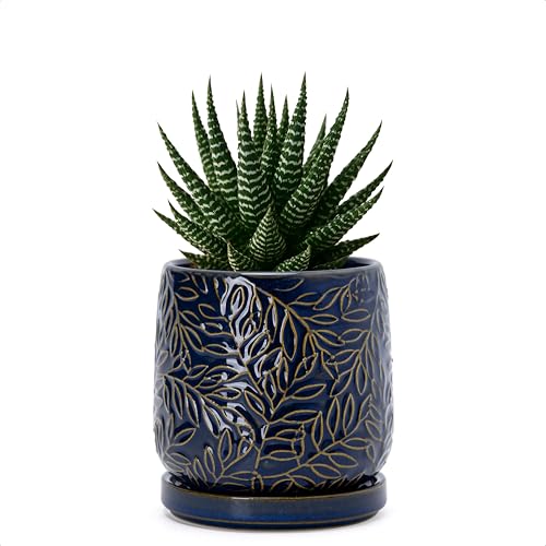 D'vine Dev Embossed Leaves Ceramic Planter, 4 in, Midnight Blue, 27-A-Z-3 - color: Midnight Blue, size: 4 Inch