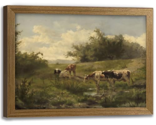 Framed Canvas Wall Art Vintage Cow Landscape Painting Poster Rustic Farmhouse Picture Print Gallery Wrapped Artwork Pastoral Animal Wall Decor 8x10 Inch - color: Retro Cow