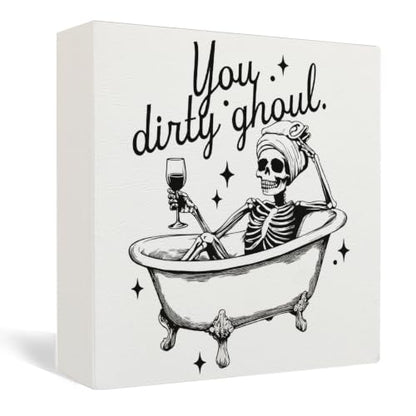 Funny Halloween Skeleton Bathroom Wooden Box Sign Desk Decor - color: Funny Halloween