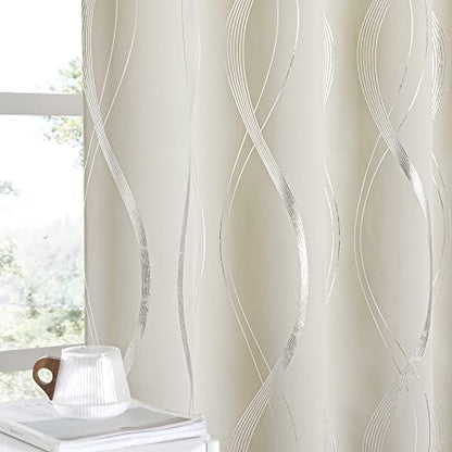 NICETOWN Bedroom Curtains Small Blackout Panels, Window Treatment Thermal Insulated Solid Grommet Blackout Wave Line Foil Print Design Curtains for Kitchen, Cafe, Loft (Beige, Set of 2, 42 by 63 Inch) - color: 1 - Beige, size: 42"W x 63"L (Pack of 2)