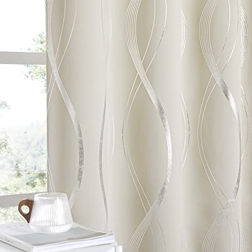 NICETOWN Bedroom Curtains Small Blackout Panels, Window Treatment Thermal Insulated Solid Grommet Blackout Wave Line Foil Print Design Curtains for Kitchen, Cafe, Loft (Beige, Set of 2, 42 by 63 Inch) - color: 1 - Beige, size: 42"W x 63"L (Pack of 2)