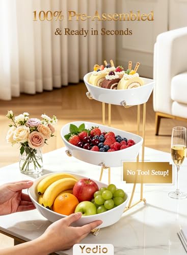 Ceramic Fruit Bowl for Kitchen Counter, 3 Tier Fruit Basket Rack - color: Gold, size: 3 Tier