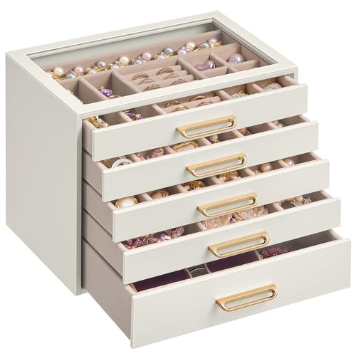 SONGMICS 5-Layer Jewelry Box with Glass Window, 5 Drawers, Golden Handles - color: Cream White, size: 5-Tier