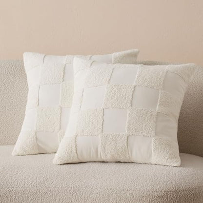 Double Stitch 100% Cotton Tufted Boho Checkered Throw Pillow Covers, Cream - color: Cream, size: 20" x 20" (Pack of 2)