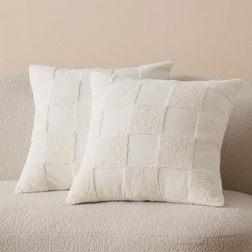Double Stitch 100% Cotton Tufted Boho Checkered Throw Pillow Covers, Cream - color: Cream, size: 20" x 20" (Pack of 2)
