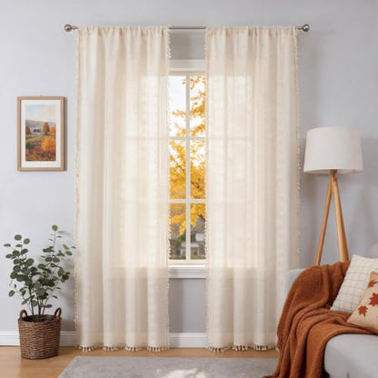 Beige Boho Sheer Lace Window Curtains with Tassel, 40" Wx54 Lx2 - color: Beige, size: 40"W x 54"L (Pack of 2)