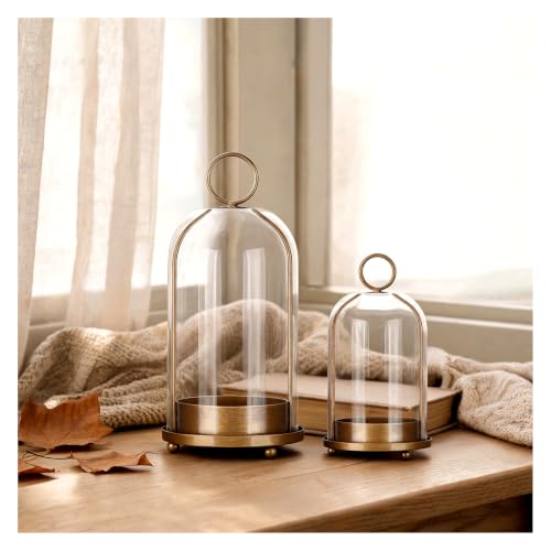 Metal Candle Holder Handmade Glass,Brass Dome Hurricane Glass Candle Holder