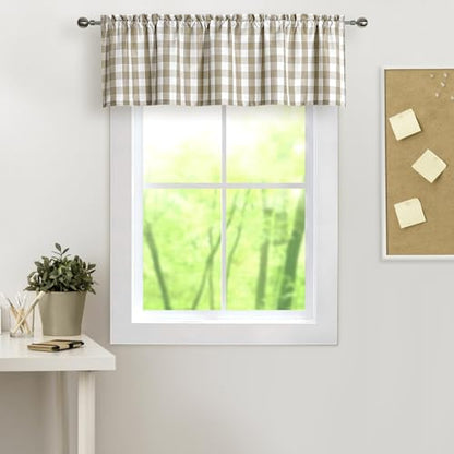 Amzdecor Linen White Buffalo Plaid Valance Semi Sheer Cafe Curtain 55"x15" - color: Linen/White