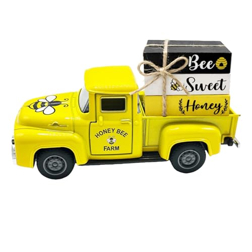 5.7in Bee Truck Decor with Sweet Honey Blocks, Yellow Metal Pickup - color: Yellow