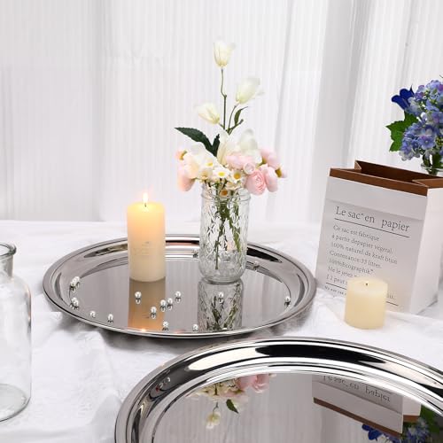 Lemonroad 2 Set Round Silver Mirror Serving Tray 14.17 Inches - size: 14.17 Inches
