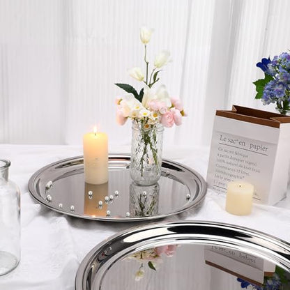 Lemonroad 2 Set Round Silver Mirror Serving Tray 14.17 Inches - size: 14.17 Inches