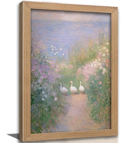 Framed Impressionist Goose Wall Art, Cottagecore Duck Oil Painting Canvas Print Picture, Pastel Floral Lake Landscape Wall Decor, Country Nature Pictures Prints, for Bedroom Bathroom, 16x24in - color: Duck, size: 24"Lx16"W