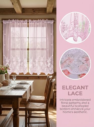 Molaxhome Kitchen Curtains Valance Pink Lace Floral Semi Sheer Curtain - color: Pink, size: 29"W x 24"L (Pack of 1)