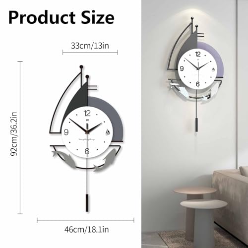 Decorative Wall Clock for Living Room, Creative Silent Non Ticking Modern Wall Clocks with Pendulum, Battery Operated, Large Wall Clock for Living Room, Kitchen, Bedroom (Black White, 36.2x18.1inch)