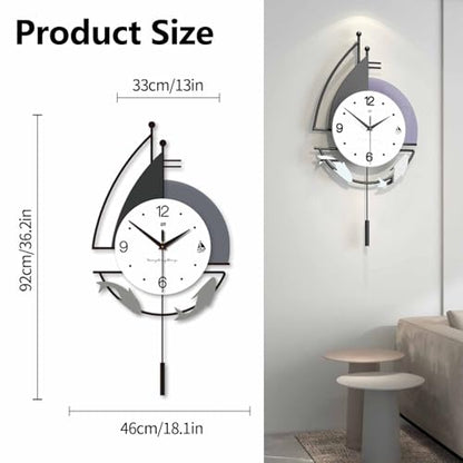 Decorative Wall Clock for Living Room, Creative Silent Non Ticking Modern Wall Clocks with Pendulum, Battery Operated, Large Wall Clock for Living Room, Kitchen, Bedroom (Black White, 36.2x18.1inch)