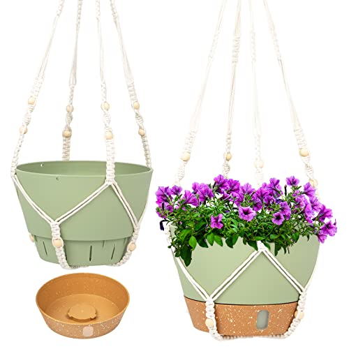 QCQHDU 2 Pack Hanging Planters for Indoor Outdoor Plants, 8 Inch Hanging Baskets Flower Pots with Reservoir Tray & Visible Water-Level (Macrame Hanger) - color: Green, size: 8 inch with Macrame Hanger